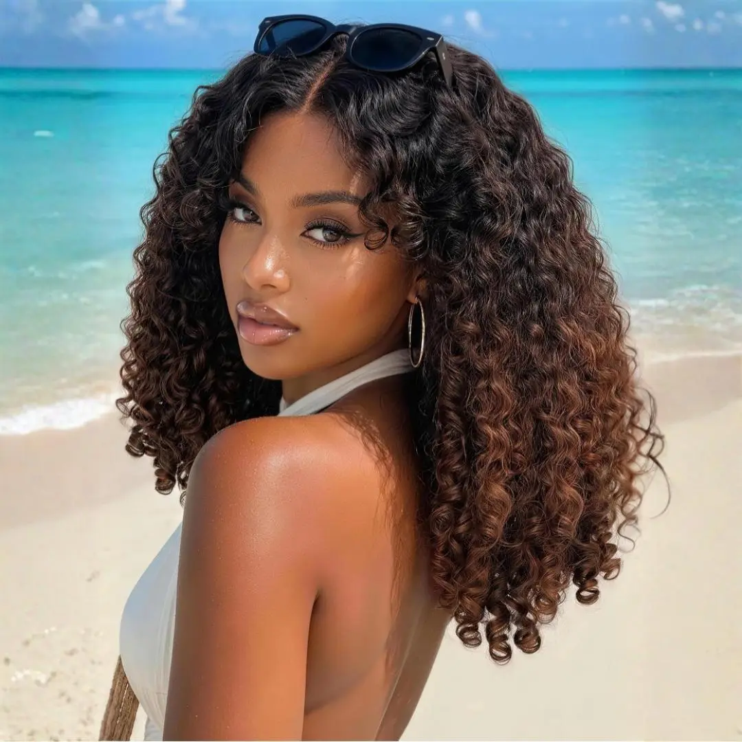 UNice Ombre Chestnut Brown Burmese Curly Wig No Slip Glueless 7x5 HD Lace Closure Human Hair Wigs with Drawsting Beginners Friendly Natural Looking Summer Wig