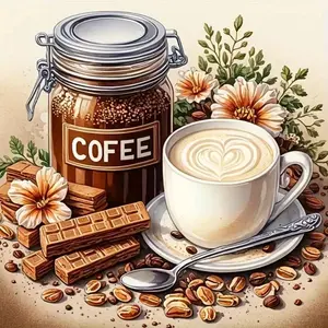 Watercolor Coffee Latte Art with Wafers & Beans 5D Full Drill Diamond Painting Kit Vintage Floral Cafe Still Life Art DIY Cross Stitch Mosaic Craft Cozy Home Wall Decor Handmade Gift for Coffee Lovers