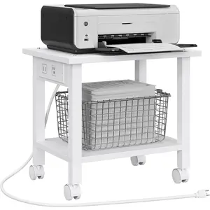 2 Tier Printer Stand Rolling Printer Cart with Power Outlets and USB Ports Mobile Printer Table with Wheels for Under Desk Office Home White