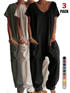 Women's Casual Jumpsuit, Short Sleeve V-Neck Design, Loose Fit Wide-Leg Romper, All Season Wear, Plain Pattern, with Pockets, Womenswear