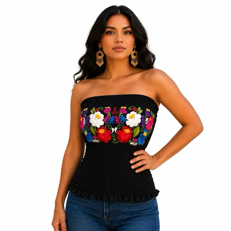 Women's Chic Sleeveless Floral Embroidered Slim-Fitting Tube Top - Lady's Everyday Summer Mexican Womenswear Tank Top
