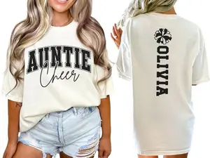 Custom Cheer Auntie Shirt with Name, Personalized Cheer Aunt TShirt, Varsity Style Cheerleader Aunt T Shirt, Cute Cheerleading Gift for Aunt
