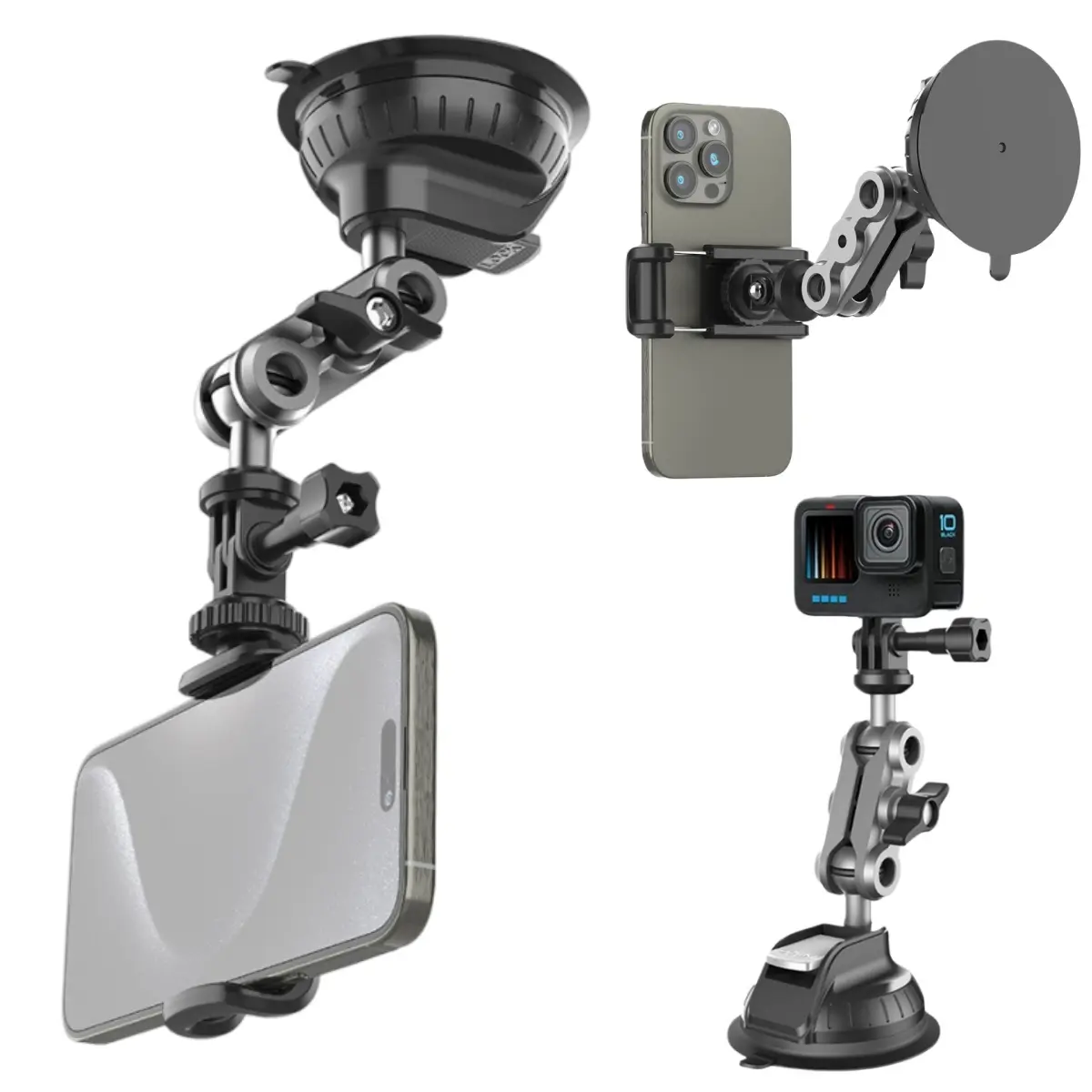 2 in 1 Camera Phone Suction Cup Mount for Car, Windshield Dash Cam Phone Holder Stand Bracket 1/4" Quick Release, Car Mount Adapter for GPS Driving DVR Action Camera Camcorder Video Record POV/VLOG Compatible with Gopro Hero Insta360 and 4.7-7 inch Phone