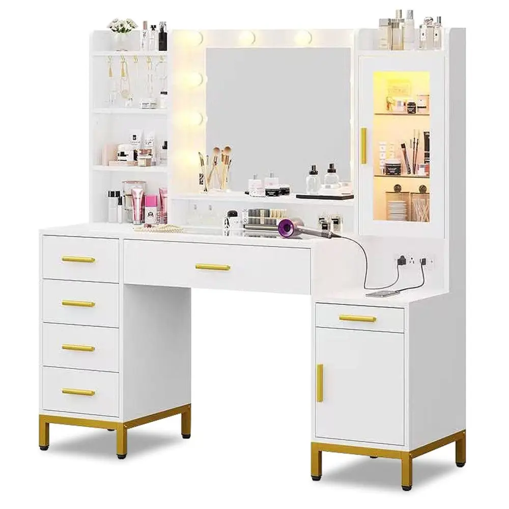 Sikaic 49.2 Inches LED Makeup Vanity White Furniture Dresser Organization Aesthetic desk withdrawers with Lights Storage Home Modern Design