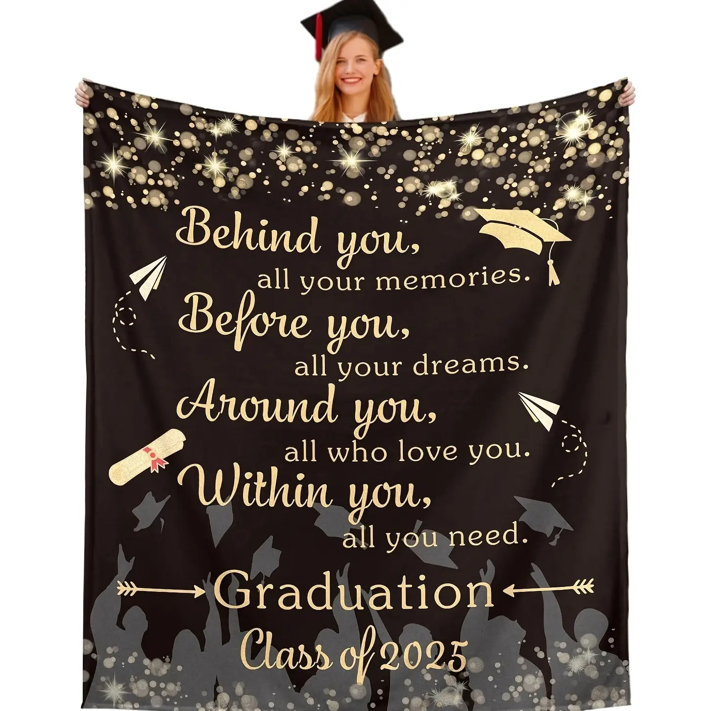Graduation Flannel Fleece Blanket - Black Diploma Print Polyester 280gsm Soft Anti-Pilling Durable Couch & Bed Bedspread, Machine Washable All-Season Throw (30x40in, 40x50in, 50x60in), Boho Tapestry Home Decor Gift for Friends