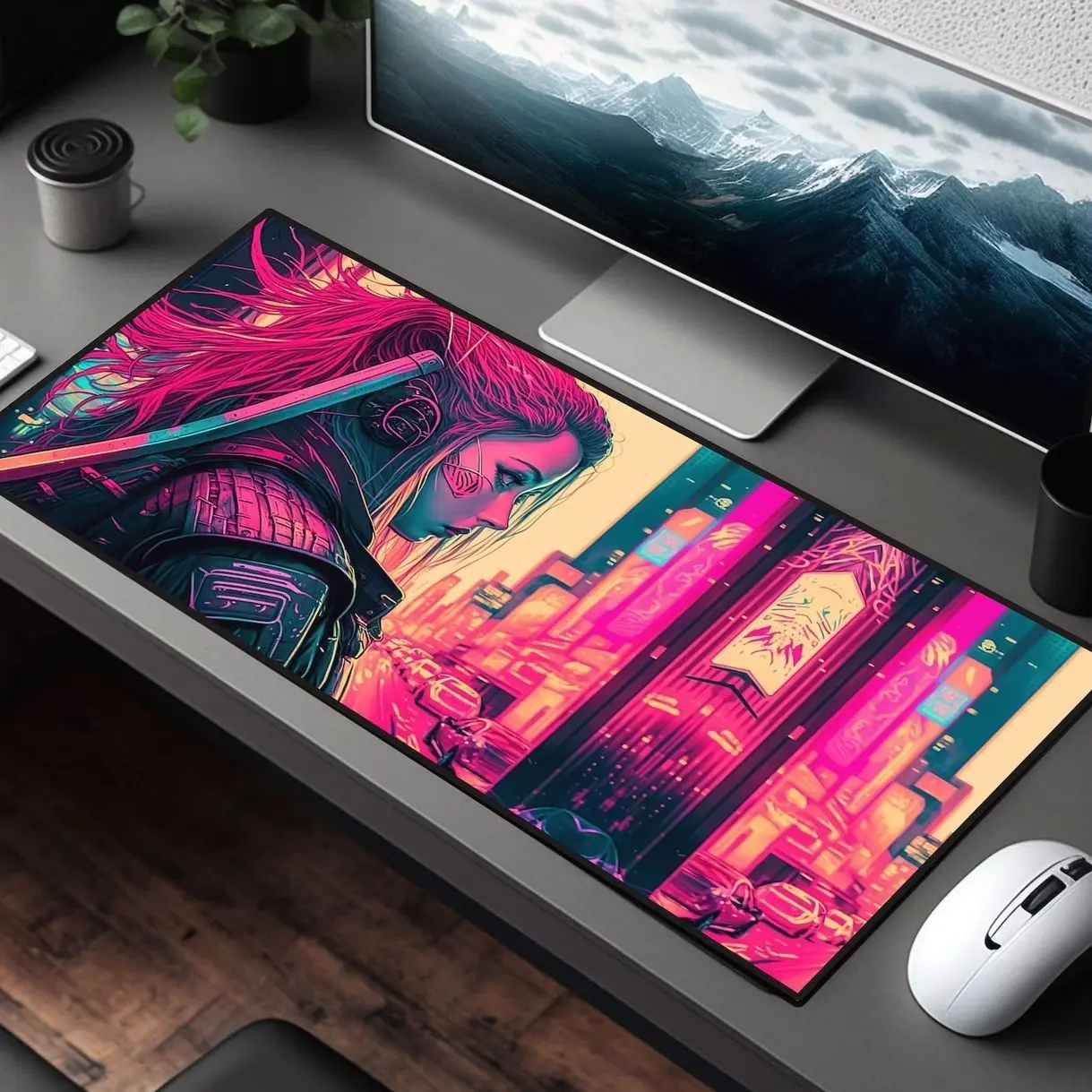 Japan Cyberpunk Mousepad, Retrowave Aesthetic, Pink Deskmat, XL Big Gaming Mouse Pad, Neon Tokyo, XXL Desk Mat