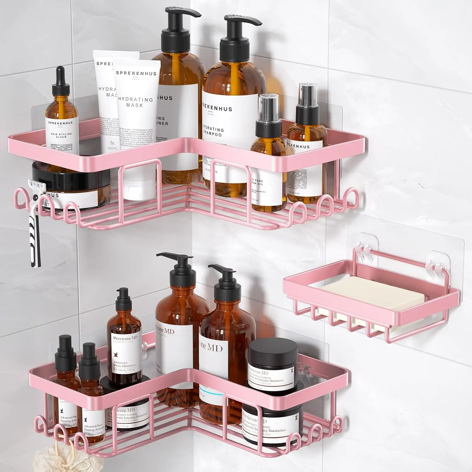 Rustproof Stainless Steel Bathroom Corner Shower Caddy - Bathroom Organizers, Shower Organizer, Corner Space Saver, Steady Soap Holder, 12 Hooks, No-Drilling Self-Adhesive Wall Mount Holders & Dispensers, Shower Wall Hooks