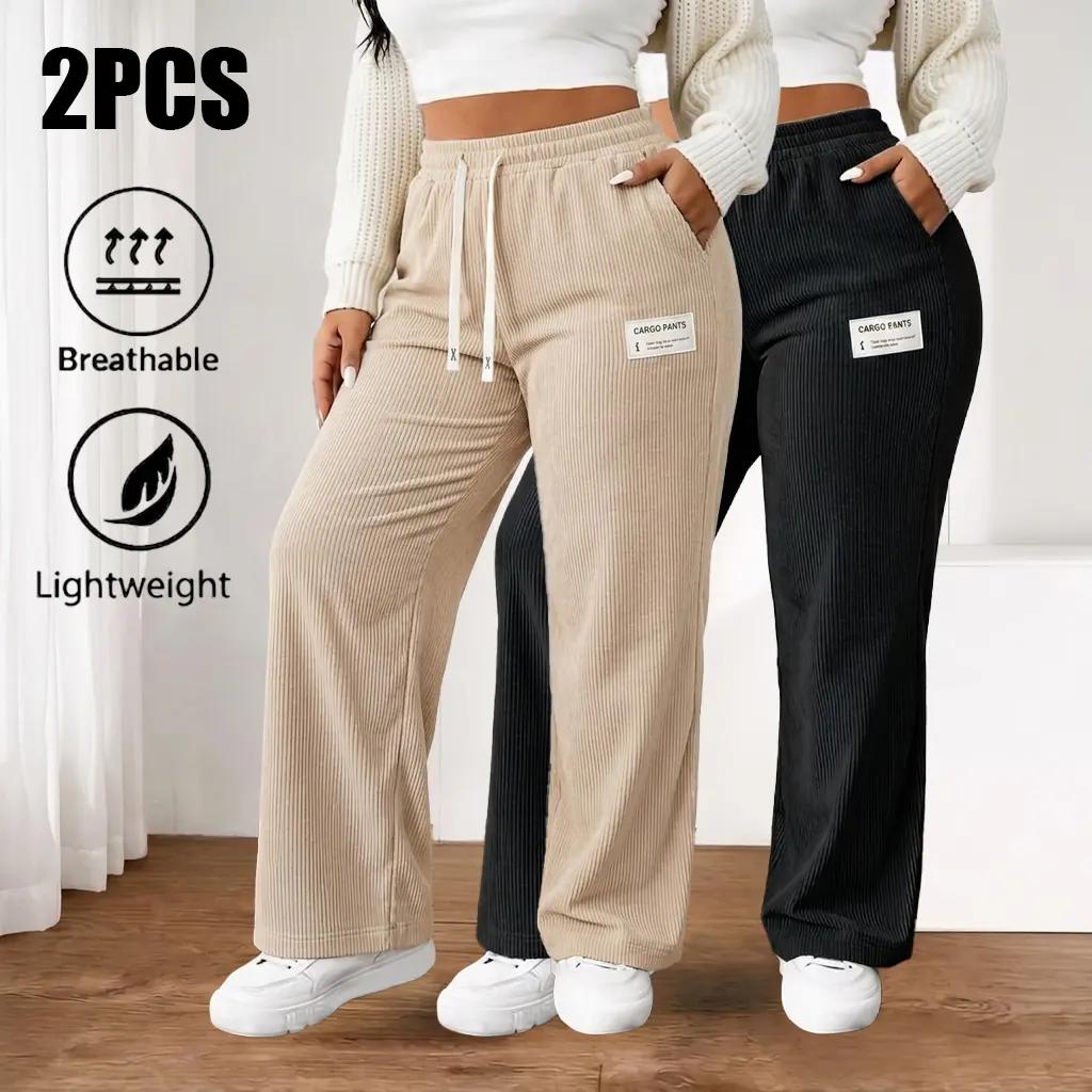 Women's 2-Pack Baggy Corduroy Pants, Wide-Leg Trousers with Elastic Drawstring High Waist for Outdoor Wear, Oversized Style, Synthetic Fiber Pants, Straight backtoschool, Lady, Basic, Casual, Lightweight, Breathable, Straight Cut, Outdoors