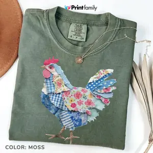 ( FAUX PATCHWORK-PRINT ) Comfort Colors Vintage Easter Faux Patchwork Chicken Graphic Shirt, Rustic Farmhouse Hen Spring Tee, Country Style Easter Outfit Gift for Women, Printed Shirt - Printfamily