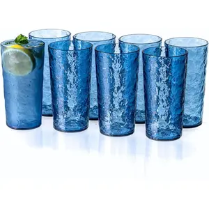 18oz  Glasses Drinkware (Set of 8), Ice-carved Design Shatter-Proof Plastic Cups,  Plastic Drinking Tumblers, , Dishwasher-Safe (Blue)