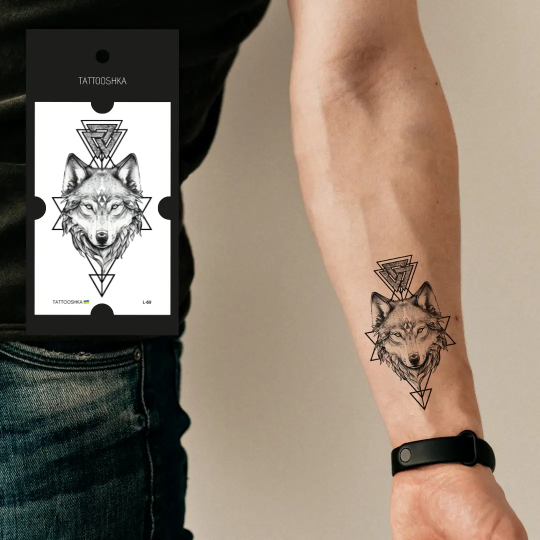 Graphical Wolf (L-69). Temporary tattoos. Party tattoos. Kids tattoos. Custom design. Tattoo sets. Ukrainian. Realistic. Waterproof