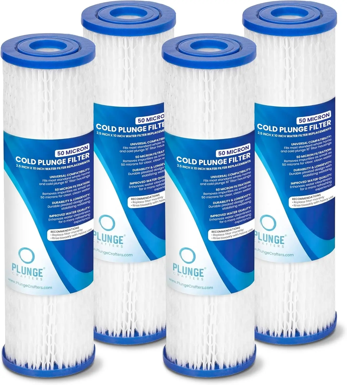 Cold Plunge Water Filter Cartridges, 50 Micron Sediment Filters for Ice Bath & Cold Plunge Tubs, Universal 10” x 2.5” Water Filter Replacements, Under Sink & Whole House Systems, 4-Pack