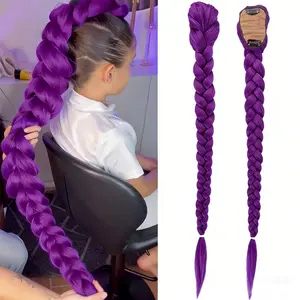 K-Pop Girl Group Role Play Wig, 26 Inch Braided Wig for Kids, Long Yaki Straight Hair, Heat Resistant Puff Ponytail Hairstyle