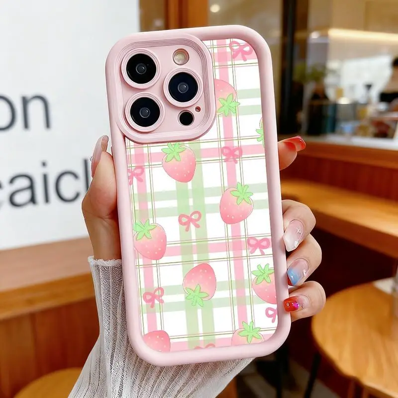 Checkered strawberry bow pattern phone case. Compatible with iPhone 17 Pro Max/16 Pro Max/15 Plus/14/13/12/11, TPU soft case. Compatible with Galaxy S26 Ultra/S25 Plus/S24/S23, Dopamine color. Compatible with Galaxy A54/A53/A33/A15.
