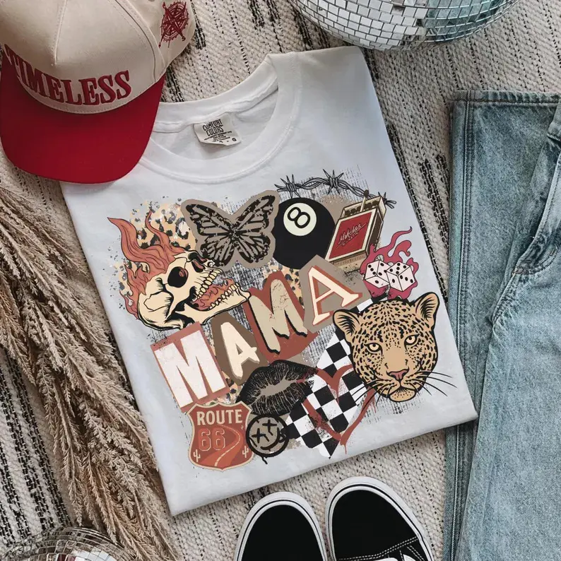 Mama Collage T-shirt, Western Retro Mom Tee, Grunge Western Mama Shirt, Cowgirl Slot Machine Sublimation, Vintage Leopard Graphic Shirt, Trendy Western
