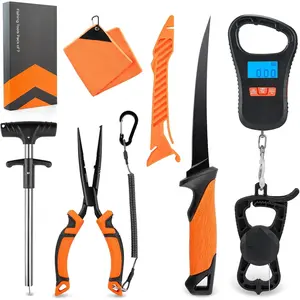 Fishing Tool Kit, Rechargeable Digital Fish Scale with Lip Grip & Tape Measure, 7" Fillet Knife with Sheath & Sharpener, 8" Split Ring Fishing Pliers
