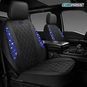 CAR PASS Oxford Bling Diamond Car Seat Covers 2 Front Interior Sets, Waterproof Shining Glitter Sparkly Crystal Universal Armrest Fit 95% Automotive Truck SUV Cute Women Girl, Black Blue Rhinestone
