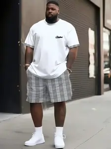 Men's Letter Print Round Neck Short Sleeve Striped Shorts Set, Casual Loose Fit Two-Piece, Comfortable Micro-Elastic Stretchy Fabric, Menswear