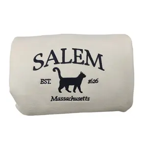 Salem Massachusetts Embroidered Crewneck, Halloween Embroidered Sweatshirt, Black Cat Witches Salem