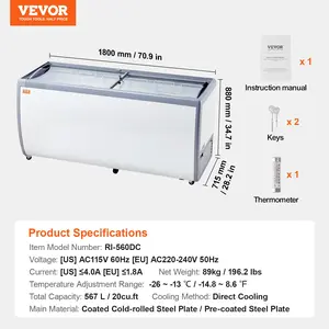 VEVOR Commercial Ice Cream Display Case, 20 Cu. ft Chest Freezer, Mobile Glass Top Deep Freezer, Restaurant Gelato Dipping Cabinet with 12 Large Tubs, 2 Sliding Glass Doors, Locking Casters, White