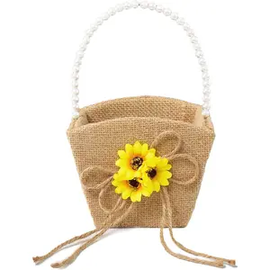 Rustic Flower Basket with Pearl Handle Burlap Wedding Flower Girl Basket Sunflower Design Basket for Vintage Wedding Ceremony