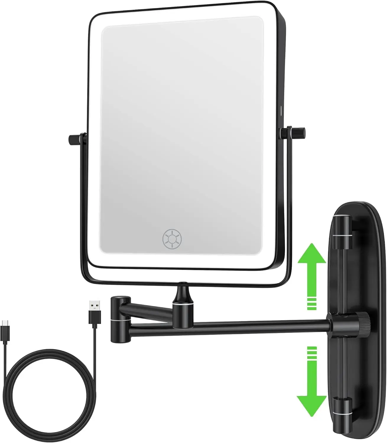 Wall Mounted Lighted Makeup Mirror, Rectangle Double Sided 1X/10X Magnifying Bathroom Height Adjustable Mirror, 6000mAh Rechargeable 3 Color and Dimmable Lights, 360 Rotation Shaving Vanity Mirror