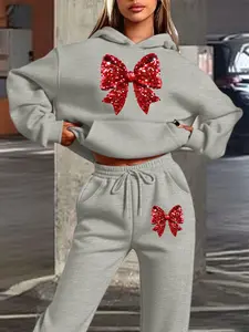 Christmas Hoodie Set, Fall Winter Luxe Sweet Cool Single Piece, Sequin Bow Print, Street Style Casual Everyday, Loose Fit