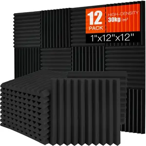 Acoustic Foam Panels 12 Pack 1" x 12"x 12" High Density Soundproofing Wedges for Wall Sound Proof Foam Panels Noise Absorbing Blocker and Sound-Damping Black Perfect for Studio Office Gaming Room