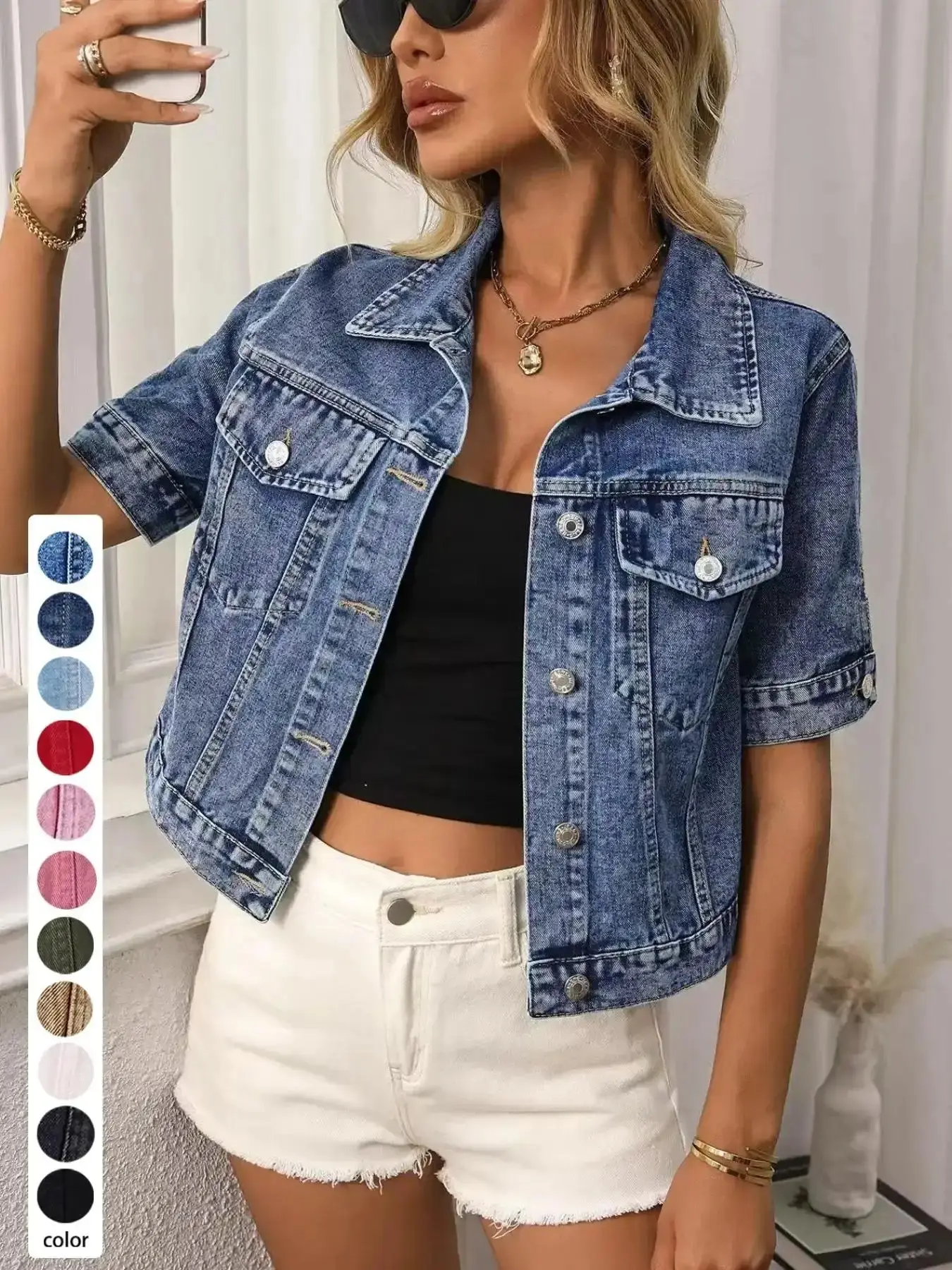 Women's Classic Short Sleeve Denim Jacket, Casual Single Button Short Denim Collar Top, Summer Outerwear, Loose-Fitting