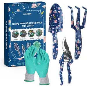 Aluminum Garden Tool Set, 4PCS Heavy Duty Hand Garden Tools with Box Include Trowel, Rake, Pruner, Garden Gloves, Floral and Insect Printing, Garden Gifts