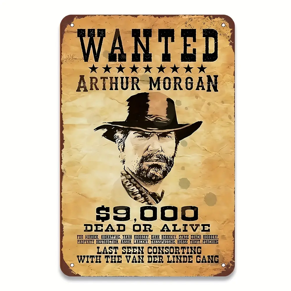 Arthur Morgan Western Wanted Vintage Tin Wall Poster Sign, 8x12 in, Fade Resistant, UV Fade Proof, Laminated, Pre-Drilled for Easy Hanging, Ideal for Home Bar, Game Room Decoration & Gifting
