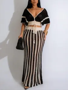 Women's Colorblock Print Crop Top & Skirt Two-piece Set, Casual Short Sleeve Top & Long Skirt for Daily Wear, Ladies Summer Clothes, Suits