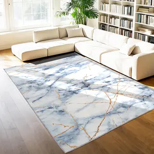 Modern Abstract Low Pile Faux Wool Marble Rug, Machine Washable Boho Rug with Anti-Slip Backing, Indoor Area Carpet for Living Rooms, Bedrooms, Blue, Machine Washable Rug, Boho Washable Rug