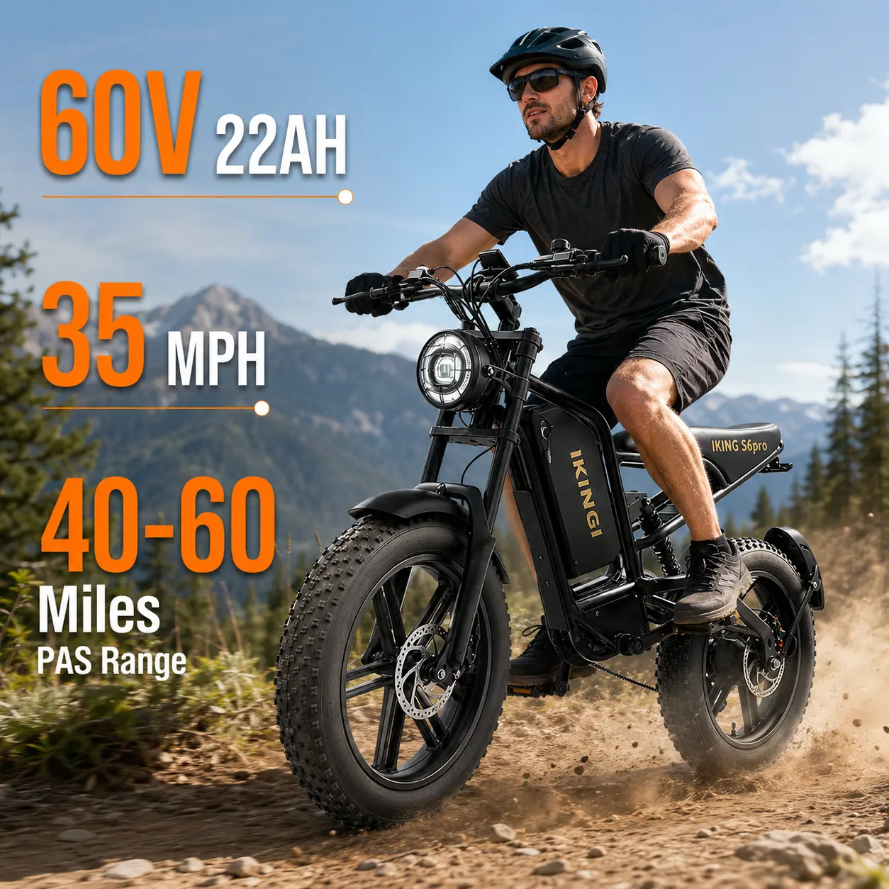 Adult Fat Tire Electric Bike - 1500W Peak Power Motor, 60V 22Ah Removable Battery, Up to 35 MPH Speed, 40-60 Mi Assisted Range, 20x4.0-Inch Wide Tires, 7-Speed Drivetrain, 3 Selectable Riding Modes e-bike mountain