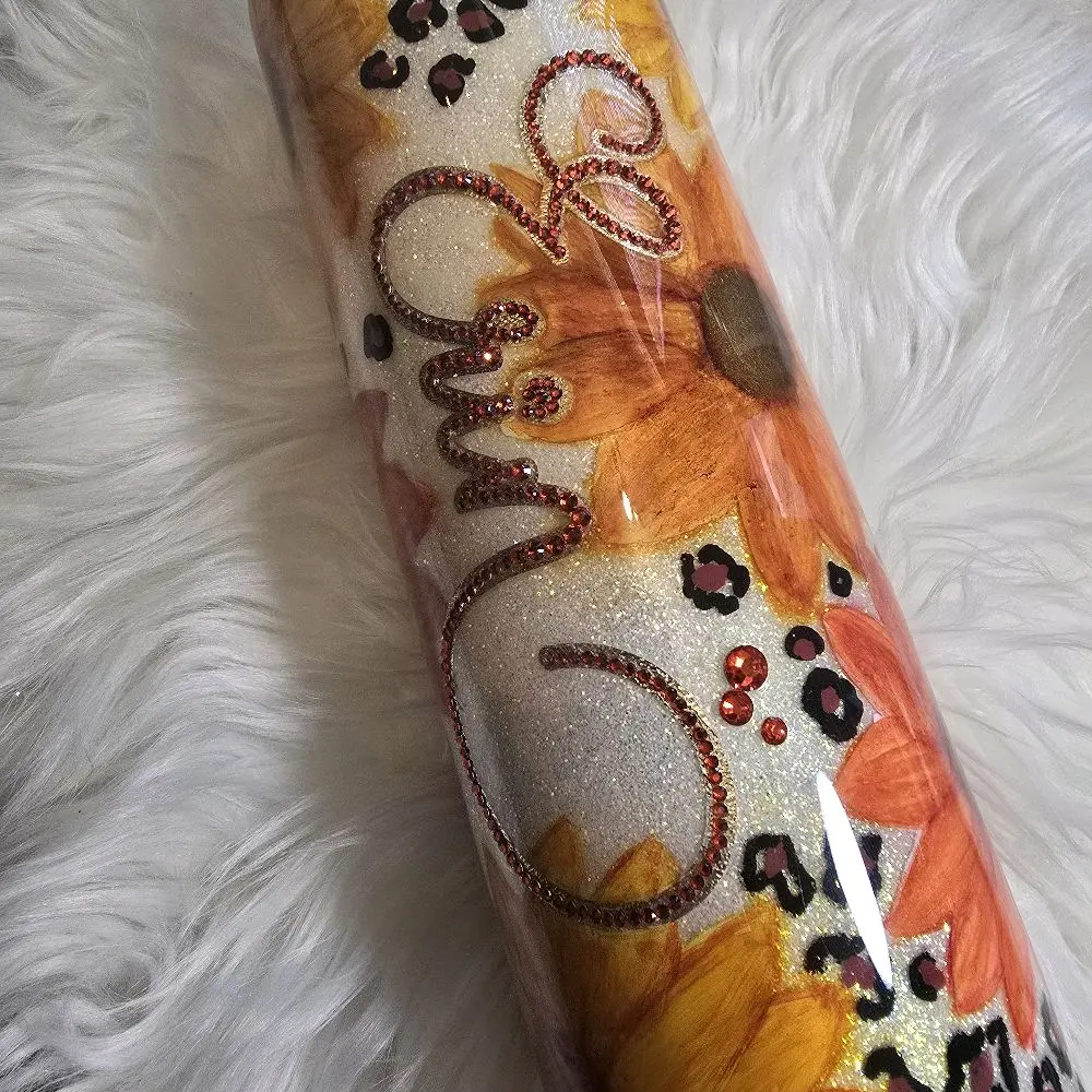 Custom Handpainted Sunflower & Leopard Print Glitter Tumbler Personalized Stainless Steel Drinkware Flask with Lid and Straw