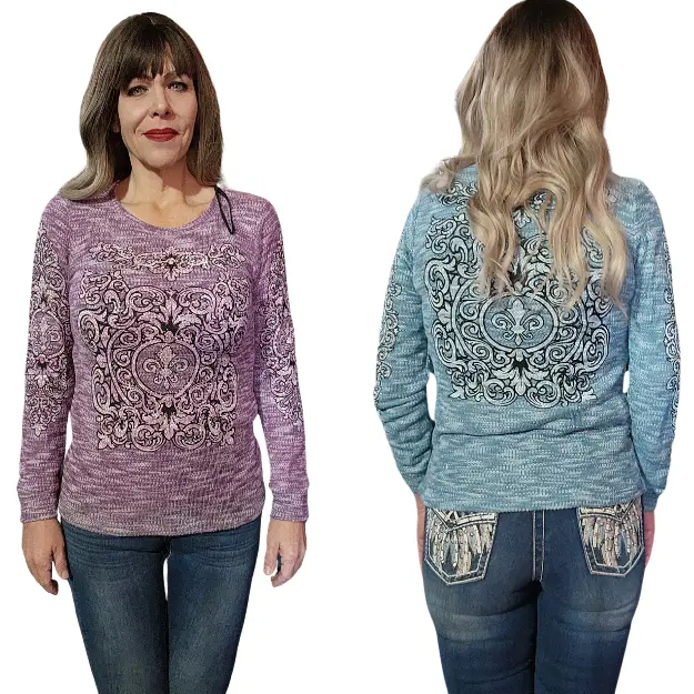 French Terry Fleur Rhinestone Embellished Knit Long Sleeve Sweater Casual Comfort