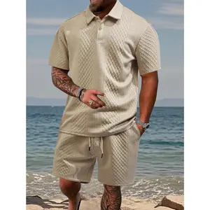 Two-piece Set Men's Solid Color Textured Shortsleeve Polo Shirt & Drawstring Waist Shorts Set, Regular Fit Casual Fashion Cozy Breathable Two-piece for Tropical Summer, Men Clothes Set for Beach Vacation, Summer Outfits Set, Menswear