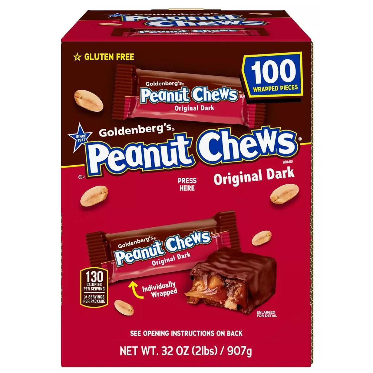 Goldenberg’s Peanut Chews Original Dark Chocolate Gravity Feeder (100 ct.) - 2 Lbs. Snack Bite