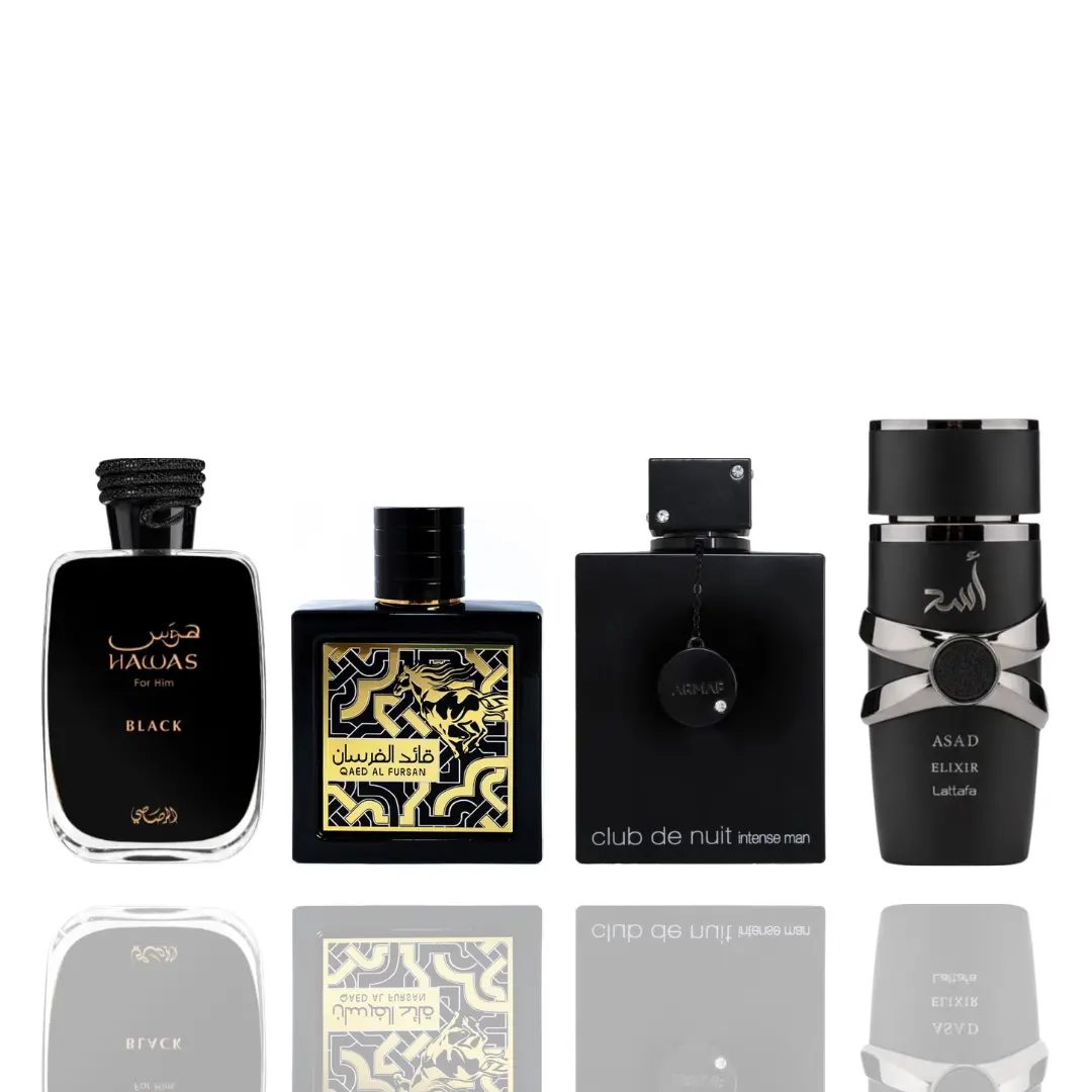 Lattafa 4-Piece Men's Fragrance Bundle - QAED AL FURSAN, CLUB DE NUIT INTENSE, ASAD ELIXIR, HAWAS BLACK - Bold Fragrance Scent with Citrus Musk Amber, Patchouli Musk, Perfume Scented Notes, Strong Men's Fragrance