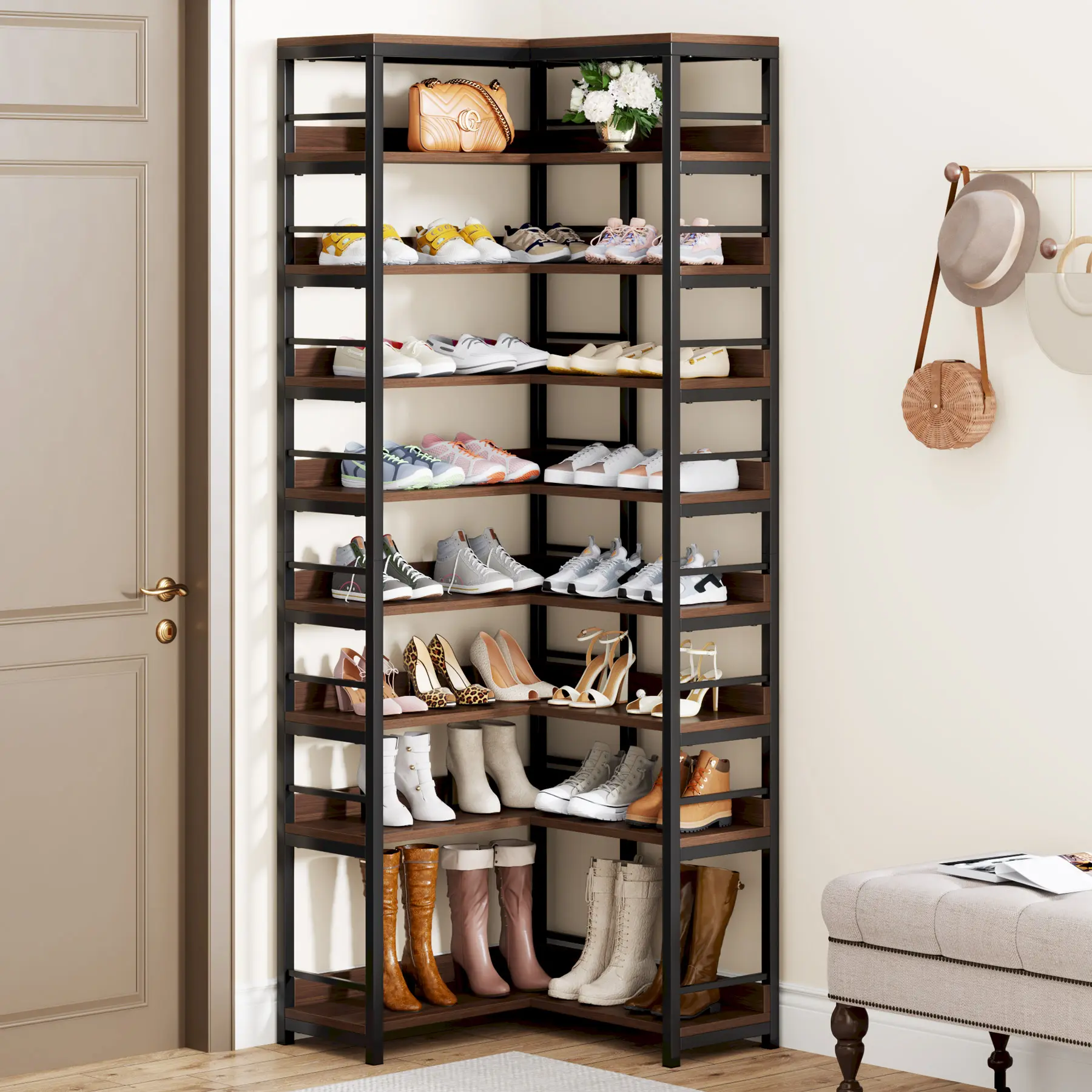 Tribesigns 9-Tiers Corner Shoe Rack, Tall Vertical Shoe Rack Organizer, Free Standing Large Shoe Storage Shelf for Entryway Hallway Steel Adjustable Installation