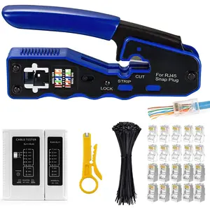 RJ45 Crimp Tool All-in-one Ethernet Crimping Tool Stripper  for Pass Through Cat5 Cat6 Connectors with  Tester and Cat6 UTP and Shield Connectors and Black  Tie