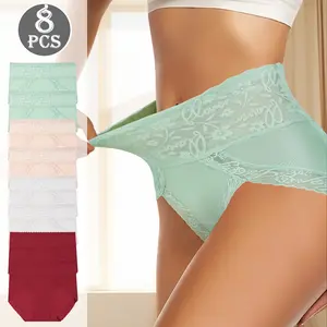 QUASTI 8PCS High-Waisted Lace Seamless Printed Briefs for Women, Breathable Soft Stretch Panties, High Elasticity Full Coverage Underwear, Fashionable Elegant Comfortable Everyday Lingerie Set for Ladies and Girls, S-XXL