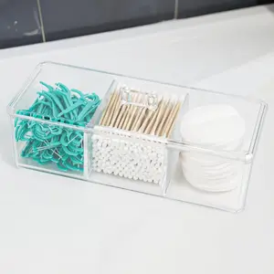 Clear Bathroom Dresser Organizer - Cotton Ball Swab Holder with 3 Divided Compartments&Lid, , Waterproof Transparent Small Plastic Storage Containers, Vanity Makeup Organization