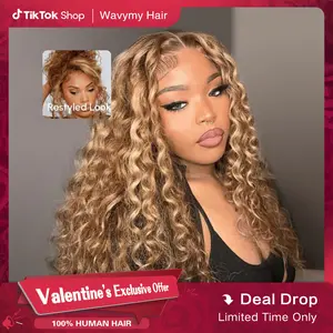 Wavymy Wear Go 7x5 Glueless Lace Honey Blonde Light Highlight Minimalist Water Wave Wig With Bleached Clean Knots 180% Density Bye-Bye Knots 100% Human Hair Outdoorfun Soft Dome Cap