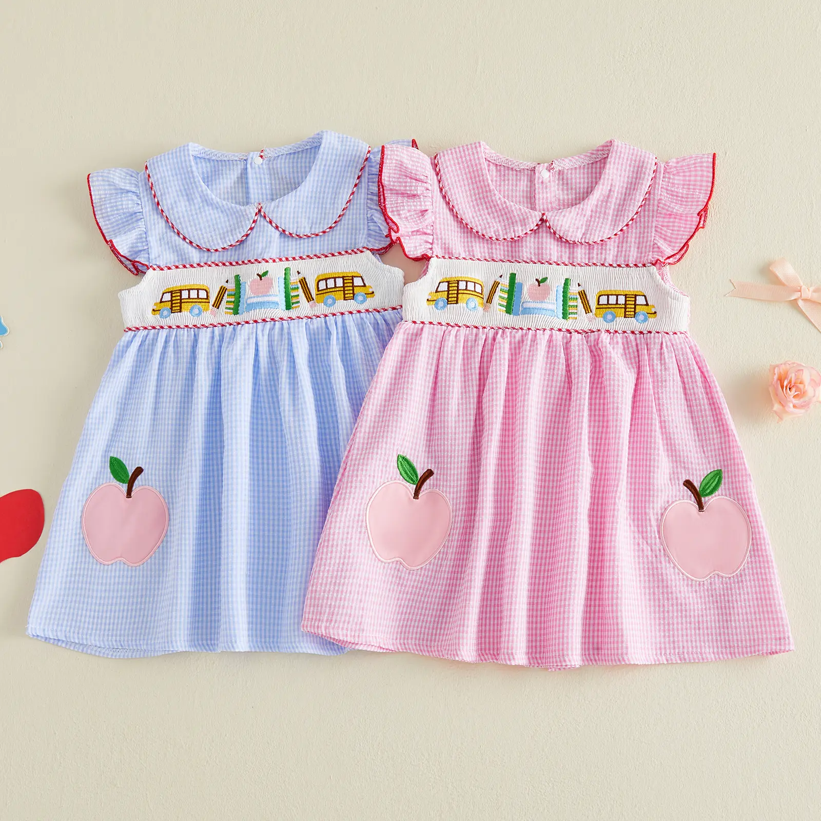Toddler Girl Back to School Dress Pink Gingham Smocked School Bus Apple Applique Peter Pan Collar Flutter Sleeve Summer Dress