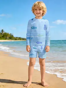 Spring and Summer Collection Fish And Seaweed Pattern On Light Blue Background Boys' Leica shorts + long-sleeve swimsuit set two-piece sun protection Quick-drying and breathable, skin-friendly and soft Beach vacation, versatile and casual children's