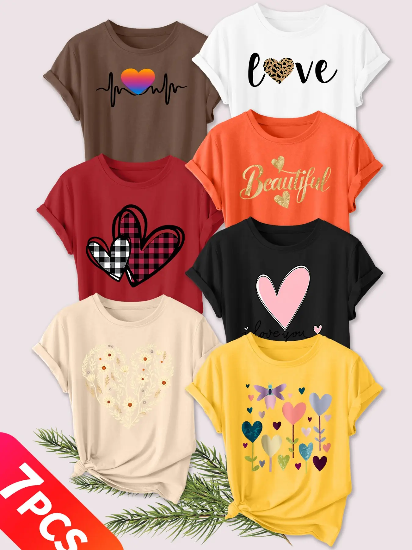 Women's 7-Pack Casual Crew Neck Round Neck Print T-Shirts, Rainbow Heartbeat, Leopard LOVE, Three Plaid Hearts,, Multiple Colors Available, Machine Washable, Spring & Summer Top, Soft Skin-Friendly Fabric, Daily Versatile, Fashion Design, Womenswear
