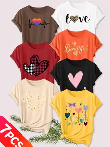 Women's 7-Pack Casual Crew Neck T-Shirts, Rainbow Heartbeat, Leopard LOVE, Three Plaid Hearts,, Multiple Colors Available, Machine Washable, Spring & Summer Top, Soft Skin-Friendly Fabric, Daily Versatile, Fashion Design