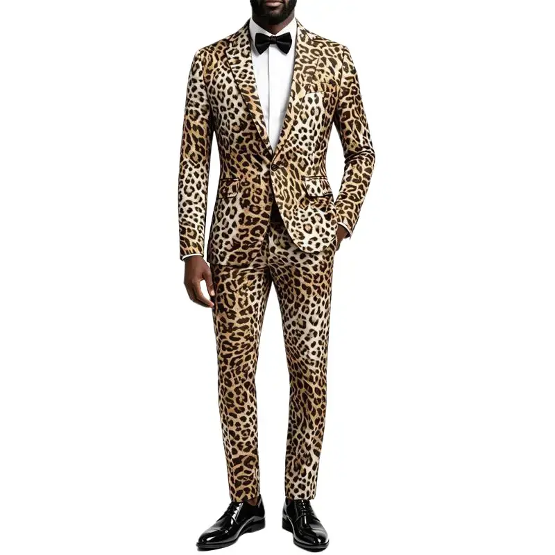 Men's Matching Leopard Print Slim Fit 2-Piece Tuxedo Suit - Long Sleeve Blazer, Dress Pants, Free Bow Tie - Menswear for Wedding, Prom, Halloween Black Fabric, Trouser, Formal, Set, Party Wear, V-Neck