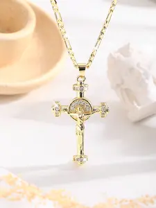 Christian Fashion Punk Style Jesus Vintage Cross Pendant Necklace, Copper Plated 14k Gold Gothic Charm Religious Jewelry, Easter Blessing Church Prayer